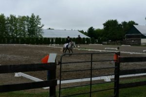 Jackie Naida & Conquest completing their astonishing one stirrup , First Level Test 3 in the monsoon rain.