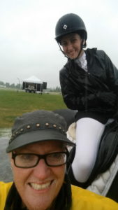 Coaches Helen Richardson and Megan Jenner embraced the rain and sent this soggy dressage selfie to show how much fun they were having!