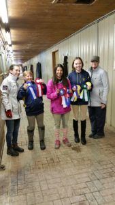 Coach Megan, Tatum Nelson, Michelle Caputo and Devon Eustace showing off their spoils from an awesome outing to the Meadowvale Upper Canada Derby on June 12th - including a win for Tate and Reserve Champion for Michelle and Lollipop!